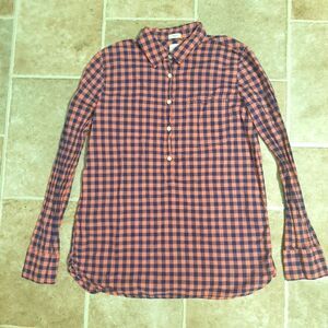 J. Crew Pink Navy Blue Gingham Checker Quarter Button Up Long Sleeve Shirt XS